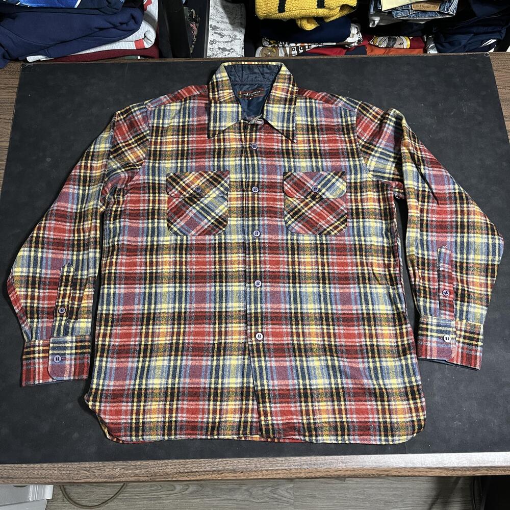 Vintage Arrow 60s Flannel Shirt Chin Strap Loop Collar Plaid Workwear Wool Ranch